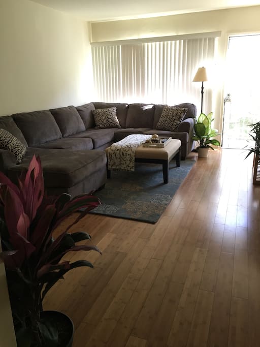Living room with big couch and ottoman