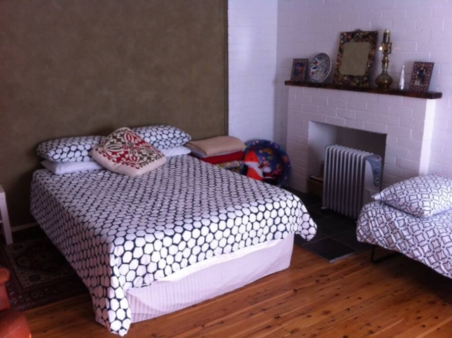 Double bed and oil heater for winter nights.