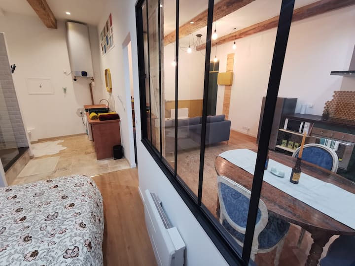 La chambre, sa verrière et sa salle de bains attenante. 