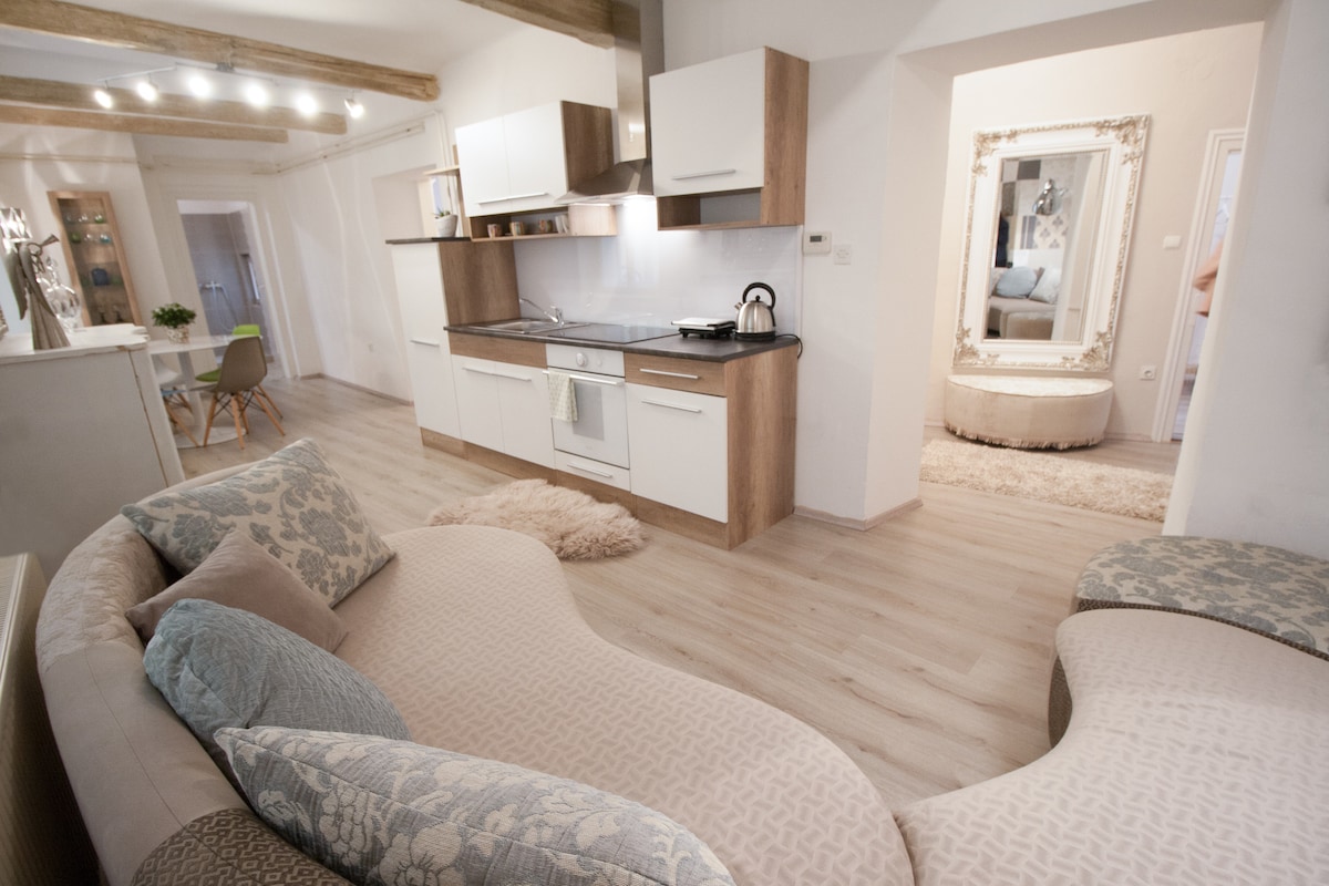 A modern kitchen is visible, featuring sleek cabinetry and essential appliances. A uniquely shaped couch with light-toned upholstery is positioned in the foreground, complemented by decorative cushions. Light wooden flooring enhances the spacious feel, while an archway leads to a mirrored area, reflecting subtle elegance.