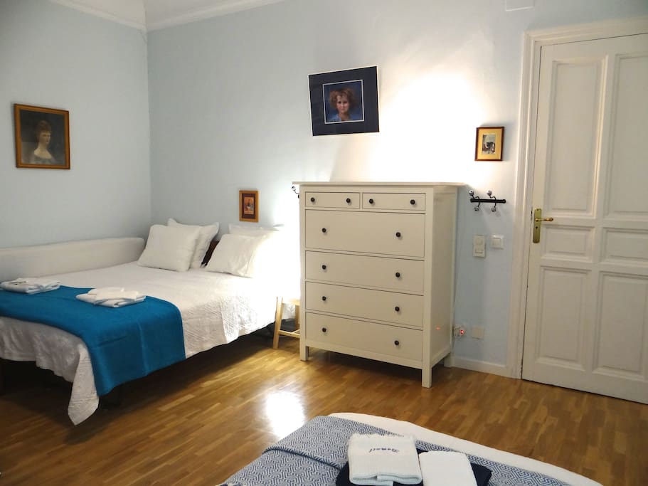 The 1st bedroom (large 26 sqm) for up to 3 guests (can be double bed and single, or 3 single beds)