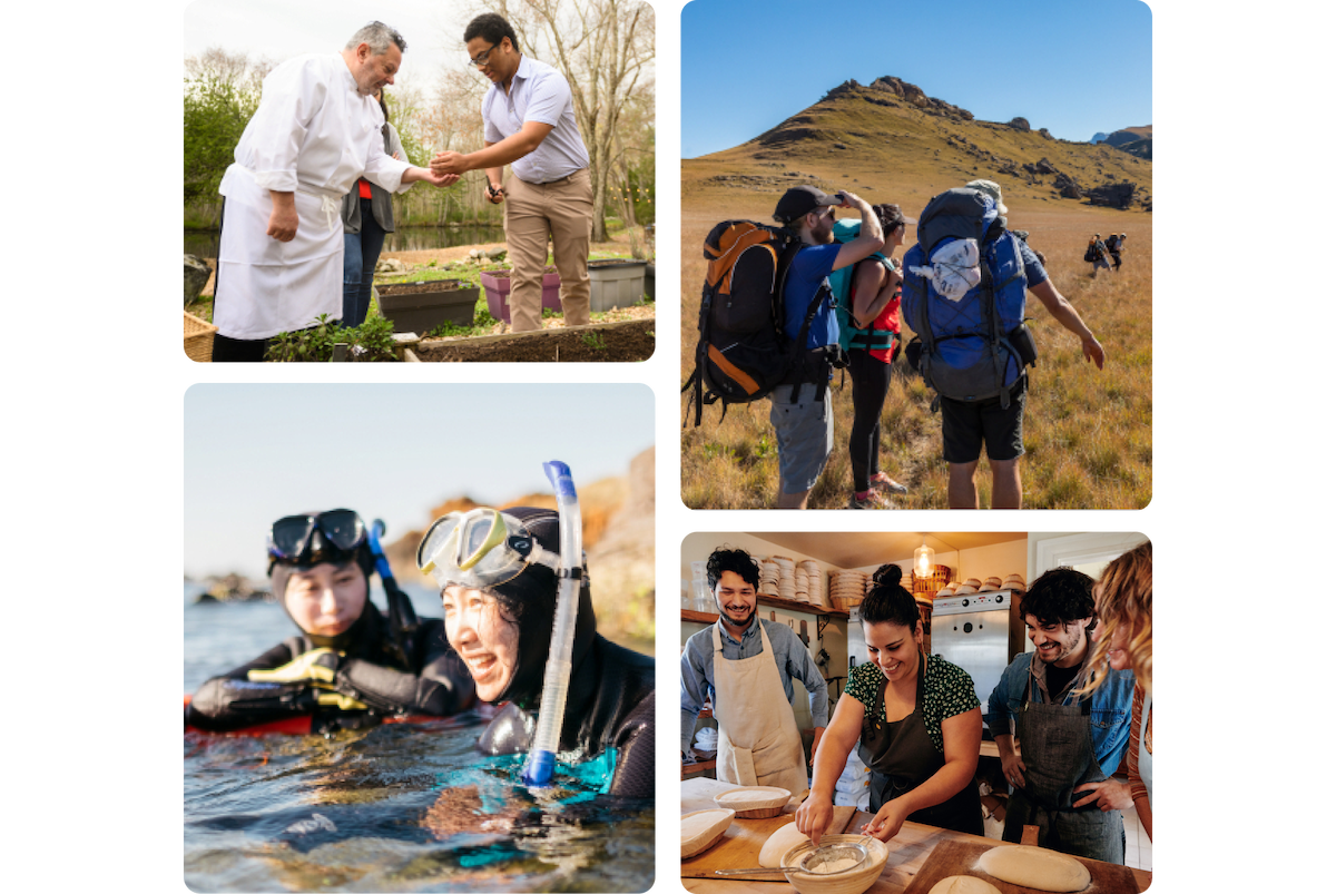 A collage of four images forming a square. The first image is of a chef in a garden collecting ingredients with guests. The second image shows a group of hikers pausing in a grassy field near rocky hills. The third image highlights a man and a woman in wetsuits wading in water with snorkeling gear. The final image is of four smiling people wearing aprons in a kitchen preparing baked goods.