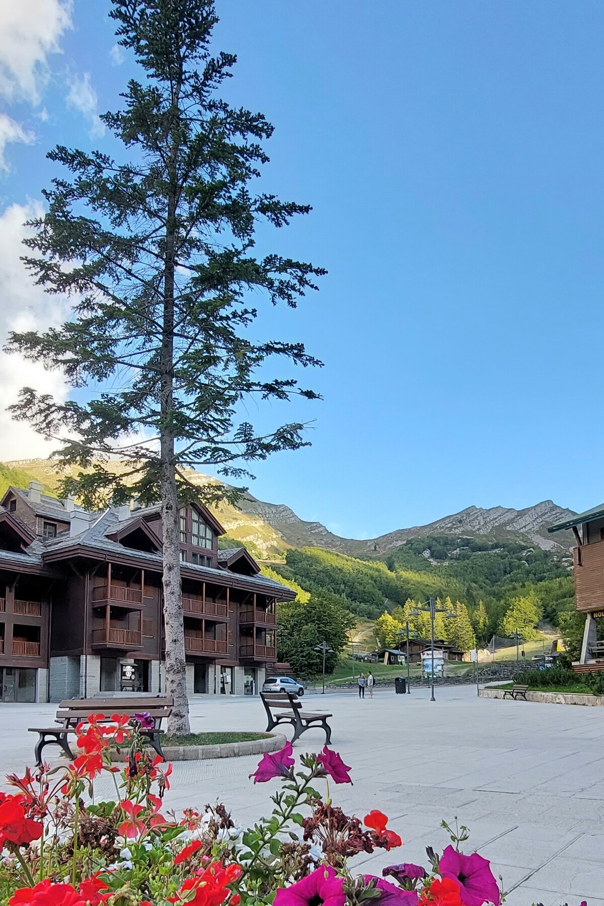 A serene outdoor scene displays a cluster of colorful flowers in the foreground, complemented by tall trees. In the background, mountains rise against a clear blue sky. A well-maintained plaza features rustic buildings, benches, and ski lifts visible in the distance.