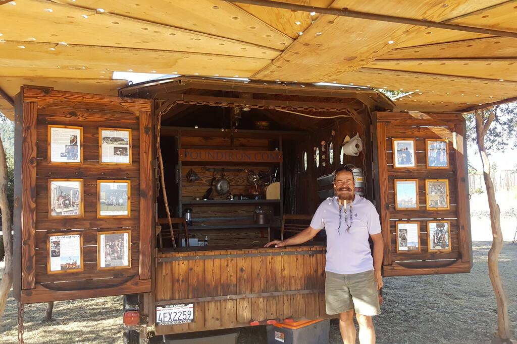 Owner/creater Michel Olson, relaxing under the custom shade contraption.