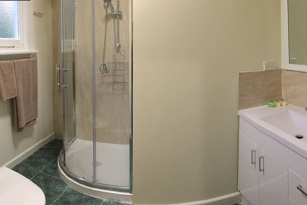 Private shower and toilet with linen supplied and hair dryer.