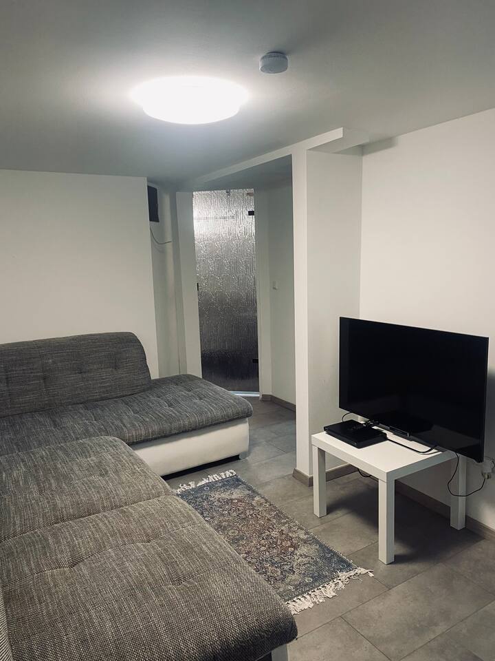 غرفة معيشة صغيرة بدون نوافذ. 