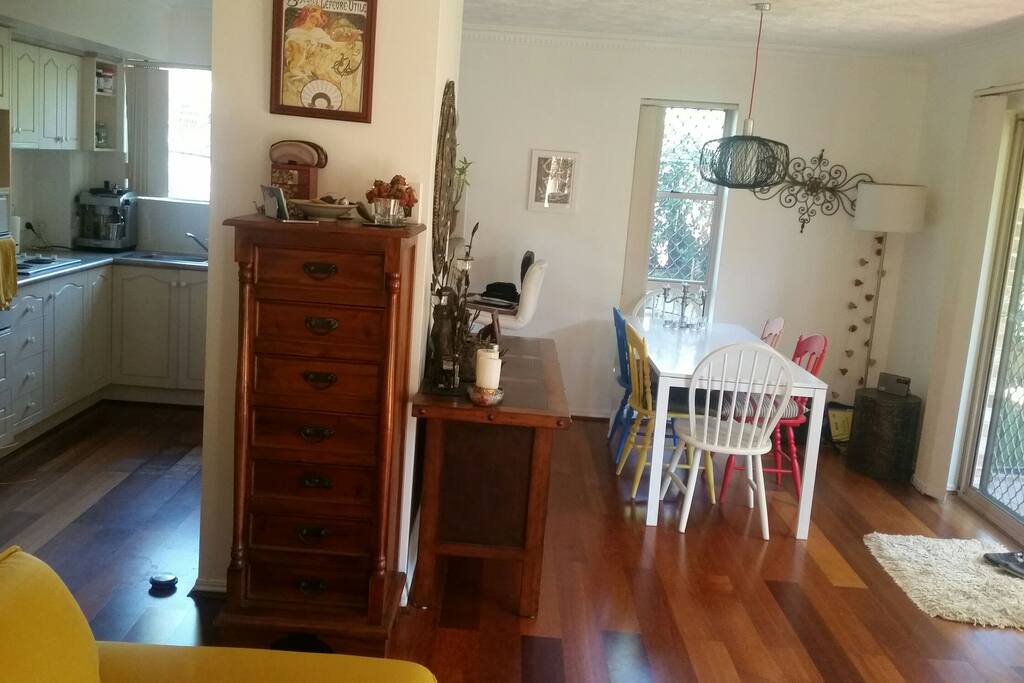 Groubd level with kitchen, dining area & lounge. Light & airy. Ceiling fan.