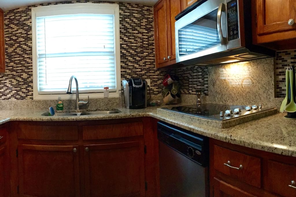 Kitchen with double sink and Keurig coffee maker