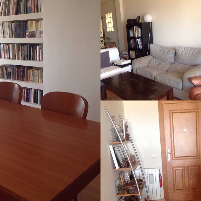 Estancia con tres espacios: entrada, comedor y salón