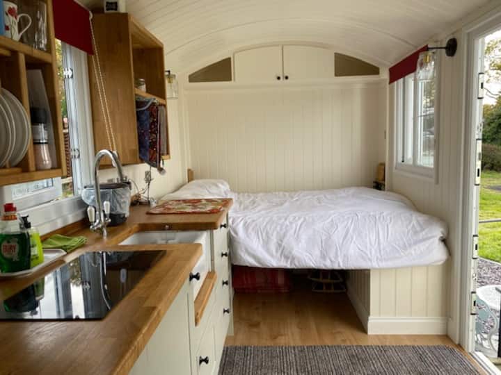 Bedtime layout. Bed unfolds from wall in seating area.