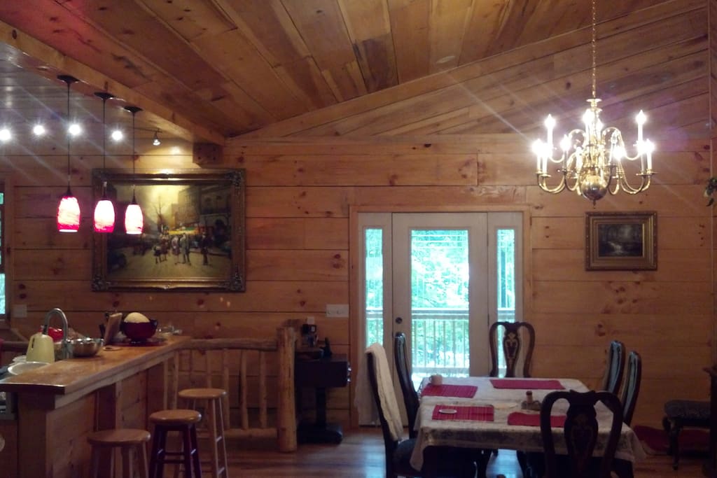 Livingroom, dining room, and kitchen are all on the same floor.