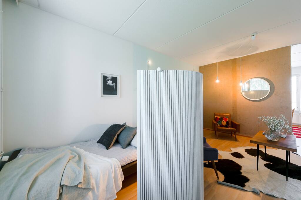 The bedsofa behind the separating wall in the livingroom.