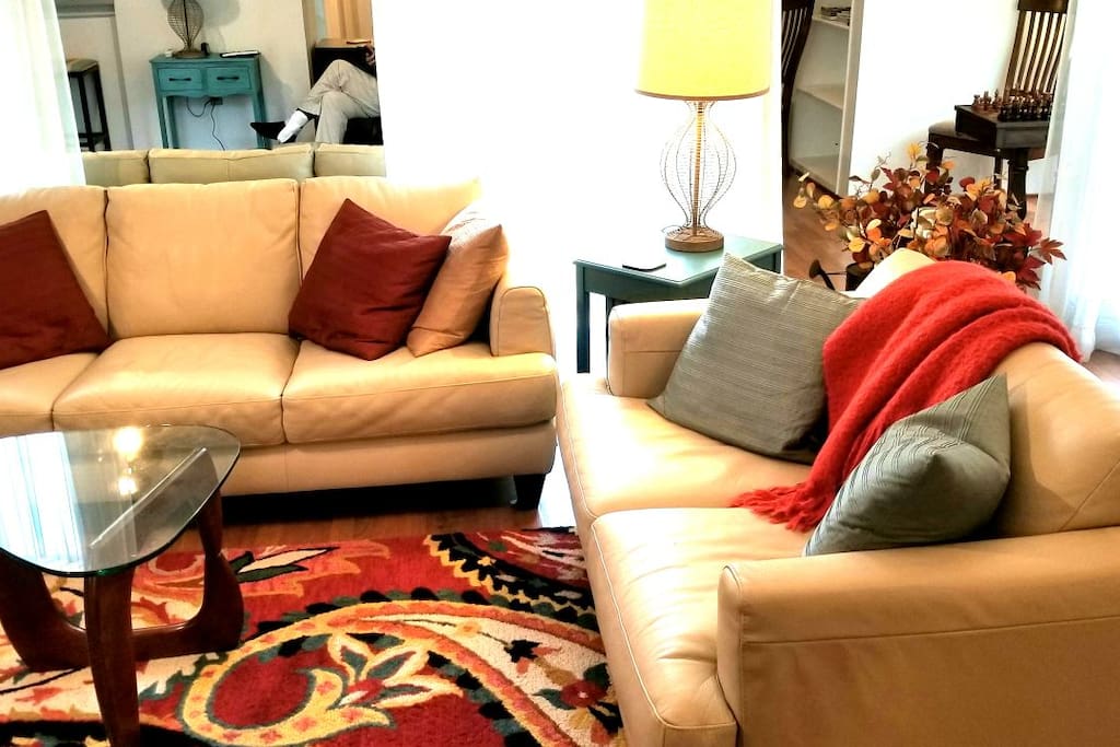 There is plenty of seating for your group, including 2 leather couches.