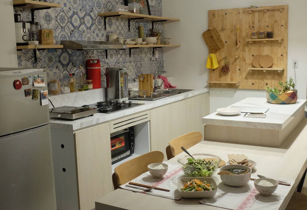 There's a kitchen with fully equipments (cooker, oven, rice cooker, fridge..) ready for you to use. We're often have fresh seasonal fruits on the table, please feel free to have some as your wish.