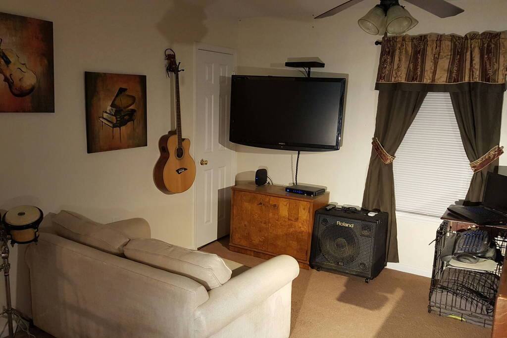Shared living room. Music themed (because I didn't want to put my instruments in the attic.)