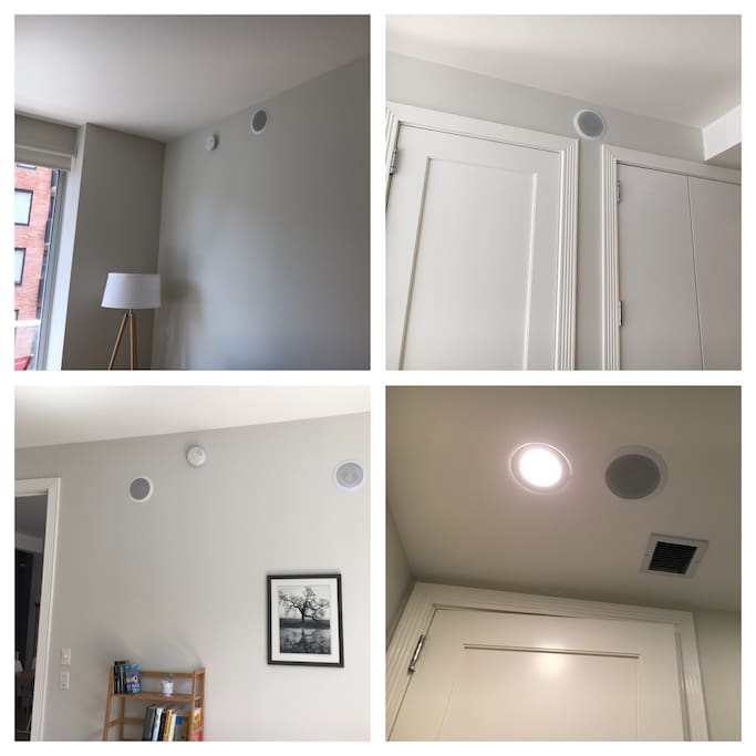 Surround sound blue tooth speakers in living room, bedroom, kitchen and bathroom