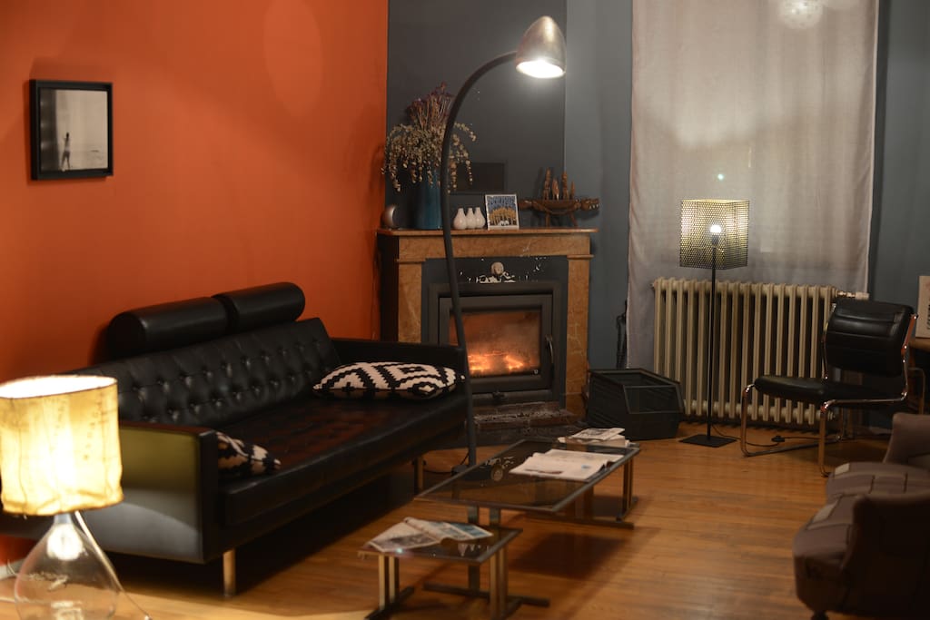salon avec cheminée l'hiver