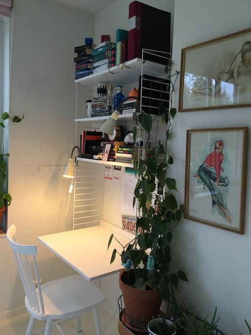 A nice corner of the room for studying and writing.