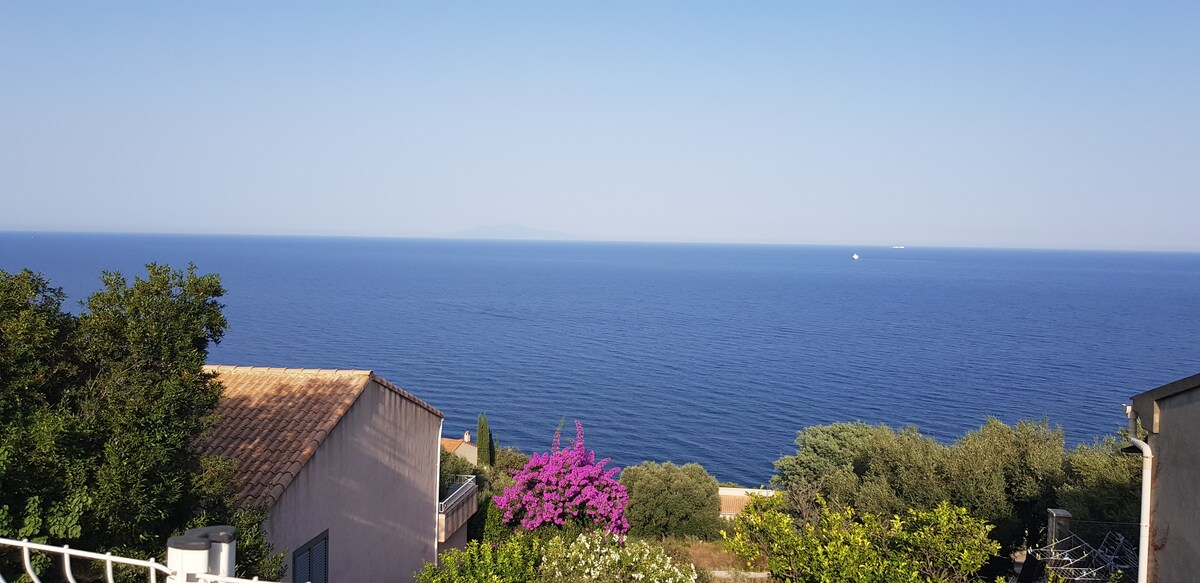 A serene view of the expansive blue sea is captured, with distant islands visible on the horizon. Lush greenery and vibrant purple flowering plants frame the foreground, complementing the peaceful residential landscape.