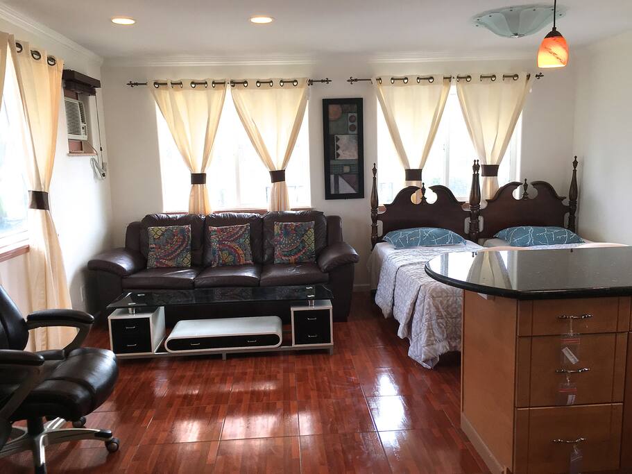 living room with different bedding
