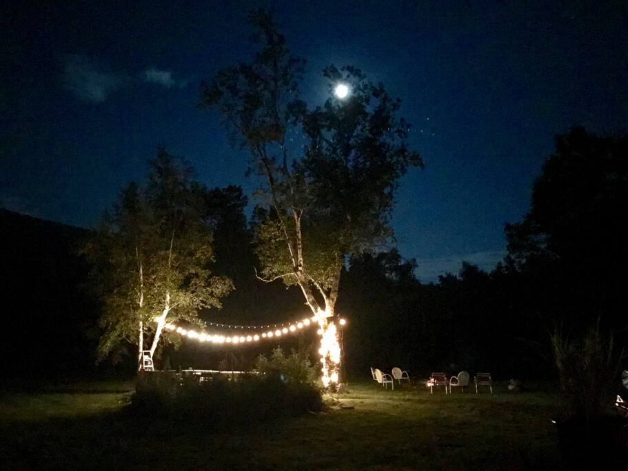 Moon over outdoor patio and fire pit