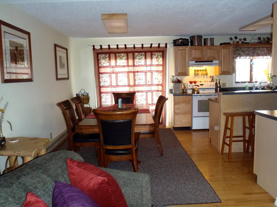 Large dining room, modern kitchen
