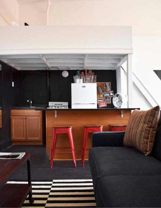 Up on that loft above the kitchen is the Twin-sized bed