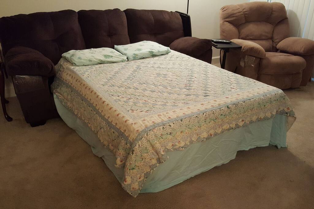 Pull-out couch bed in living room.