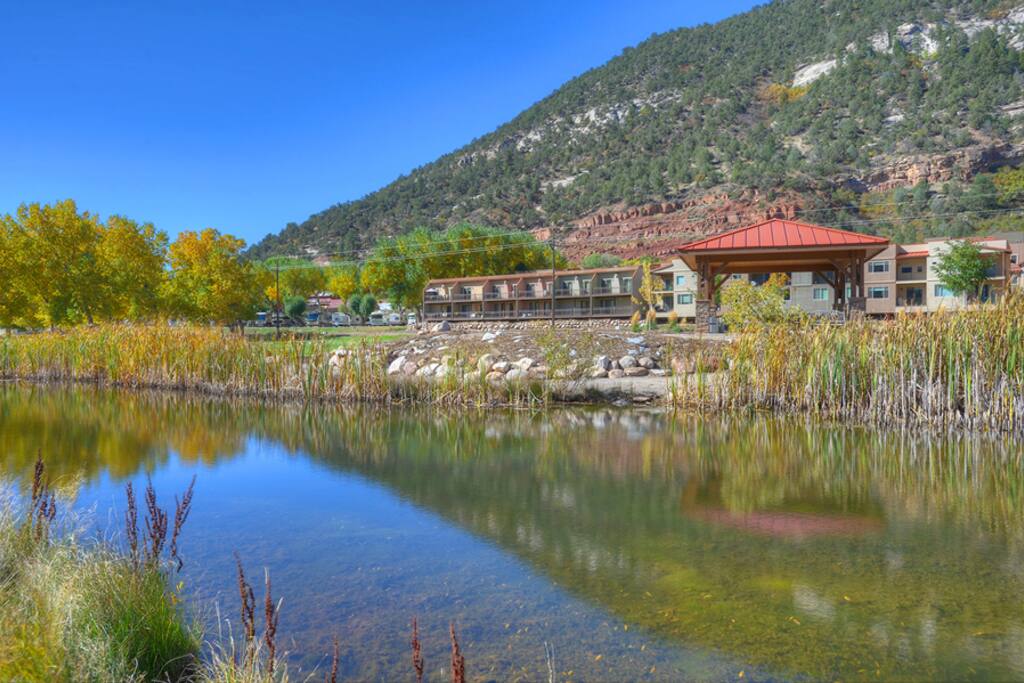 Pond and gazebo in private park of Durango Colorado vacation rental