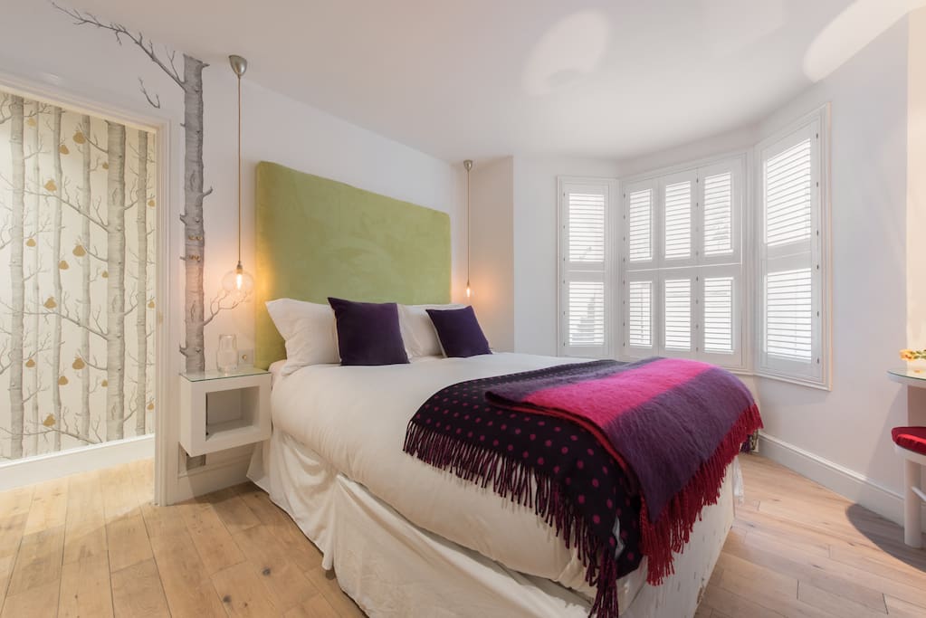 Pear Tree themed bedroom with plantation shutters