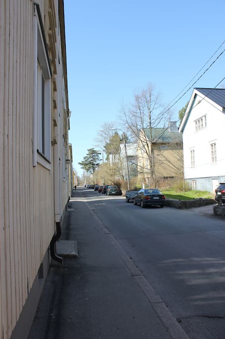 Street view from the front door. On this street in the summer we have bands playing, fleamarkets... a lot of happenings. This way is the Kumpula park.