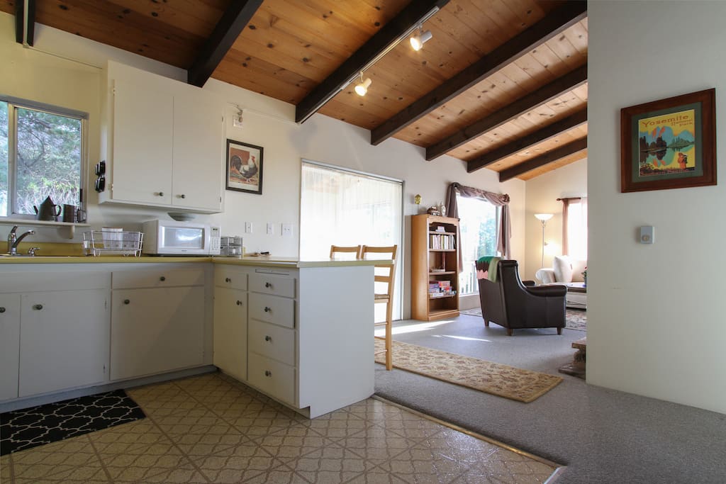 The open kitchen looks out over Bodega Bay.