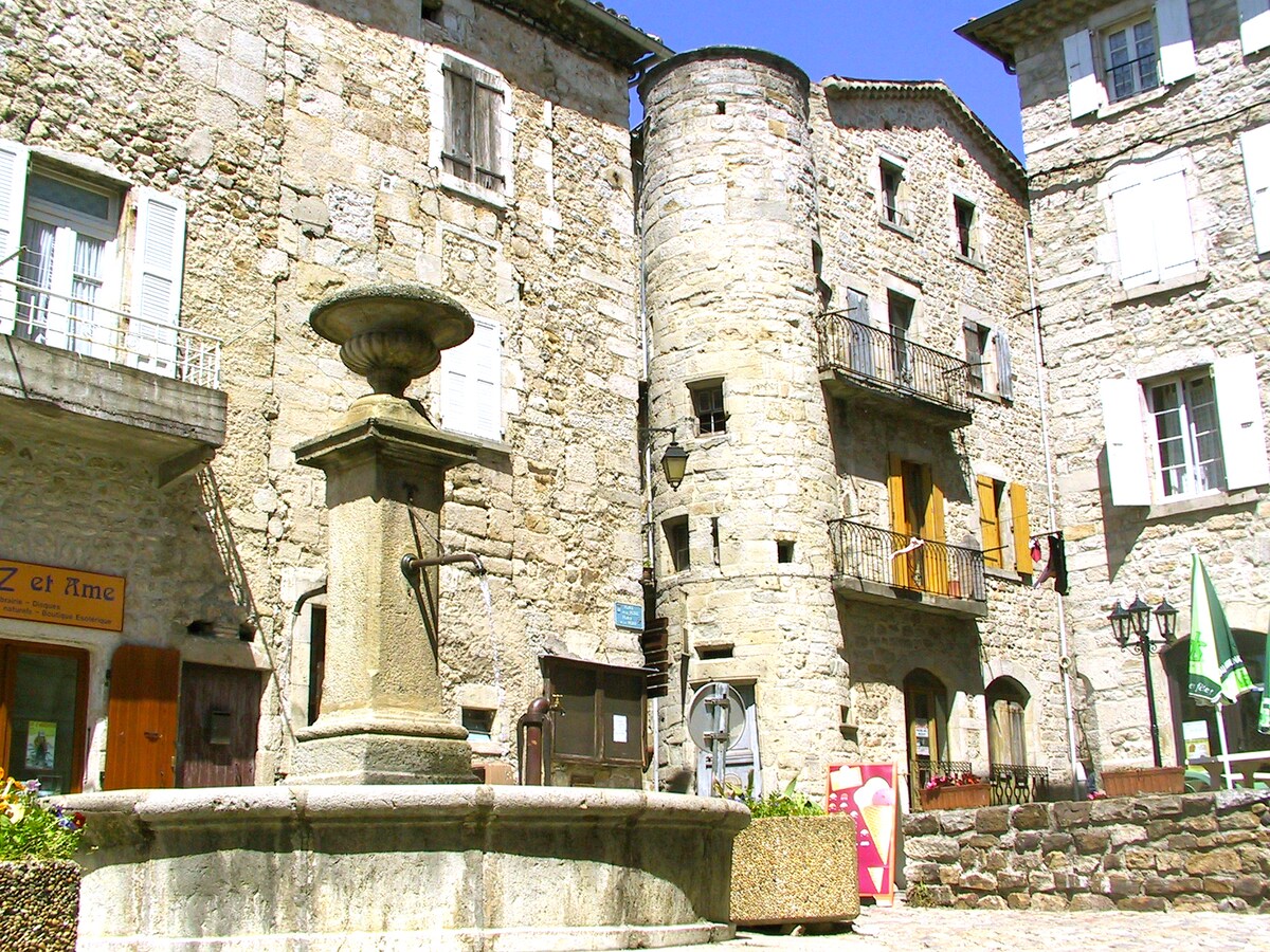 A historic stone building features a prominent circular tower and multiple balconies. A traditional fountain is centered in the square, surrounded by a cobblestone surface. Windows with shutters adorn the façade, while local businesses are visible with signs indicating their presence.