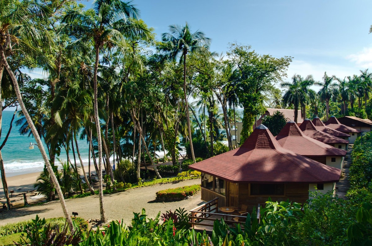 Polynesian-style cottages are nestled among lush palm trees, with a sandy beach visible beyond. The distinct red roofs complement the natural surroundings, creating a serene atmosphere. Gentle waves can be seen lapping at the shore, enhancing the tranquil coastal setting.
