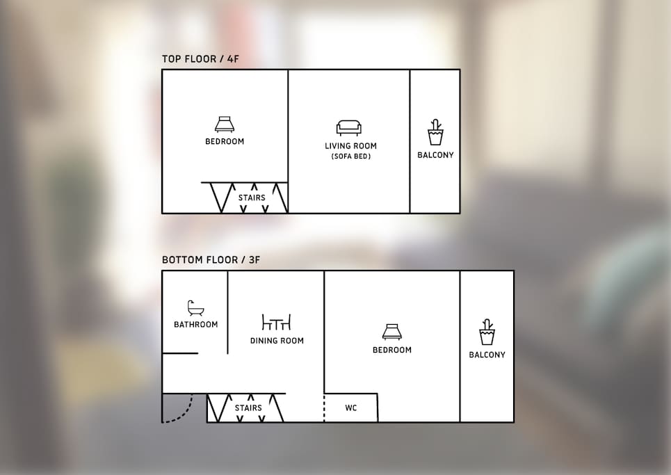 Two top levels 3F has Kitchen/dining, bathrooms, bedroom, and balcony. 4F has bedroom,living room (can be made into third bedroom), and patio area.