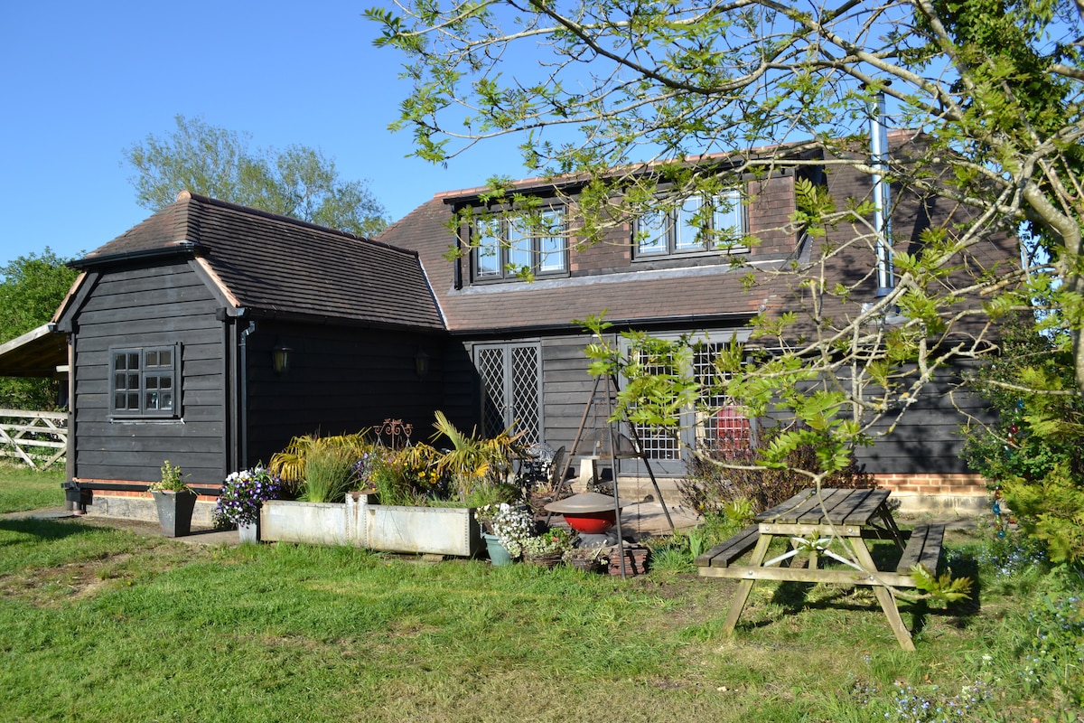 The exterior of the barn showcases a charming dark wood facade, complemented by large windows. A picnic table is positioned on the grassy area, surrounded by flower beds and greenery. The structure is set against a clear blue sky, suggesting a spacious and inviting atmosphere.