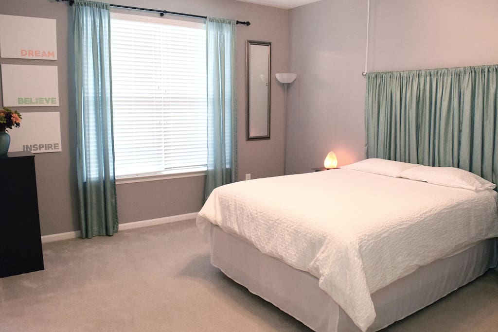 This room has a lot of pleasant natural light. Let us know ahead of time if you need blackout curtains to sleep during the day.