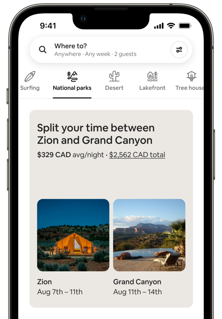 The screen of a cell phone shows a Split Stay from the National Parks Category. The screen says “Split your time between Zion and Grand Canyon,” along with the price of the proposed trip. Below there are two side-by-side photos. The Zion photo shows a roomy, glowing tent under a dark sky. The Grand Canyon photo shows an outdoor pool with mountain views. Each photo is captioned with dates, which make clear that the guest would spend 4 days in Zion, followed by 3 days at the Grand Canyon.