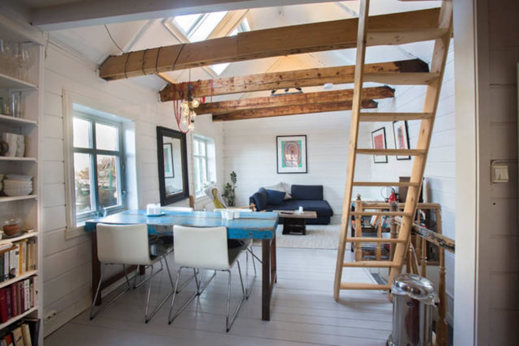The living room has high ceiling with skylight.