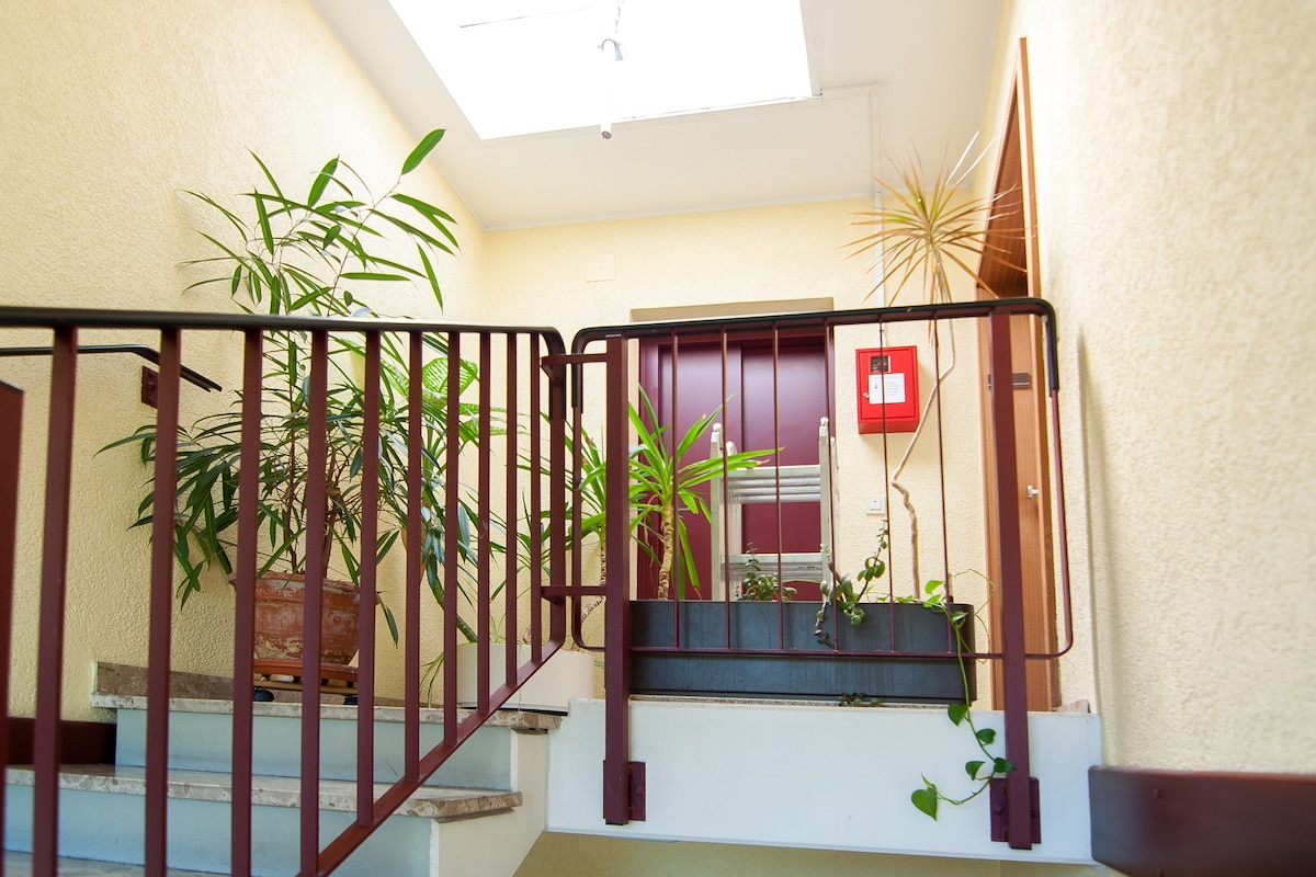 A well-lit stairway features a skylight, allowing natural light to brighten the space. Potted plants are positioned along the walls, adding a touch of greenery. A sturdy railing lines the staircase, leading to an upper level and a door framed in a muted color.
