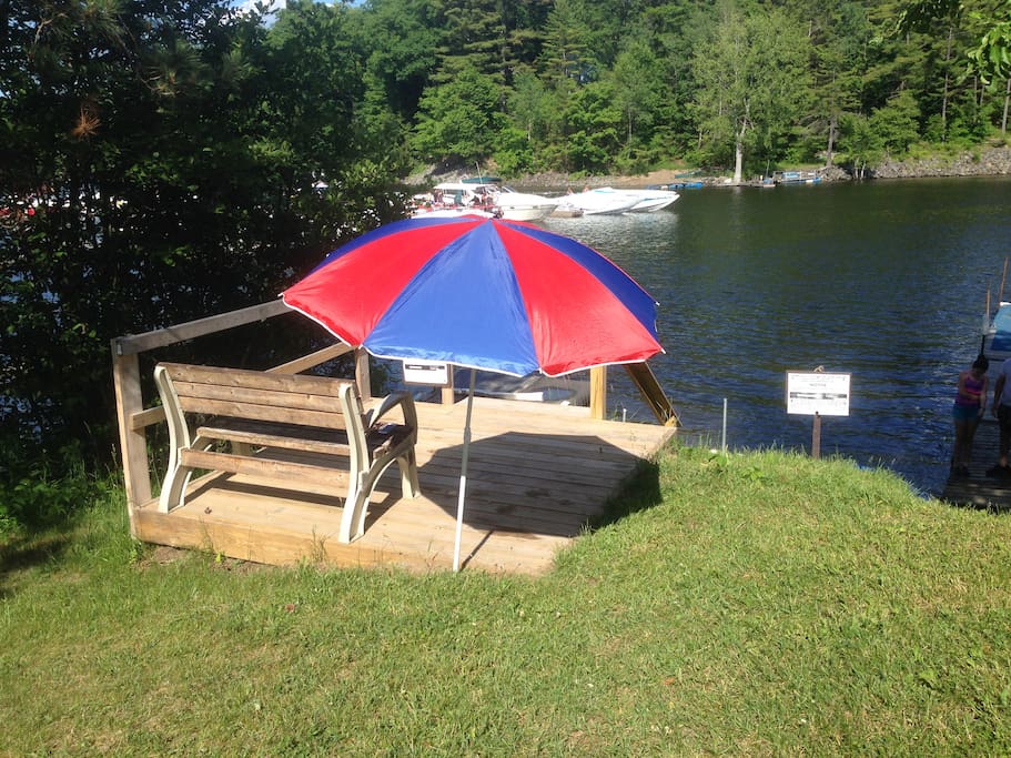 Waterfront deck with bench