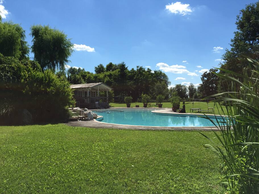 pool and cottage from the pond