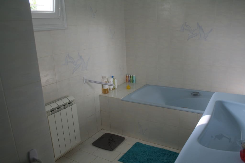 Salle de bain à votre disposition, avec baignoire et douche.