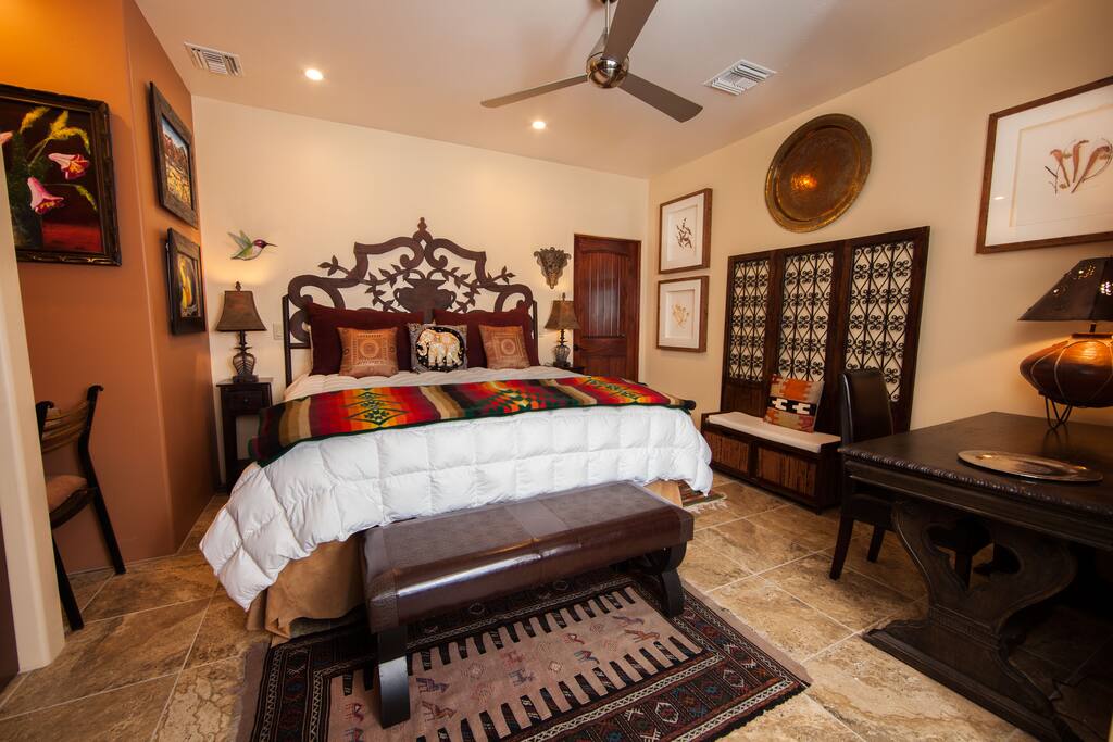 The master bedroom has a king bed, HDTV, iPod dock, spacious closet and beautiful red rock views through the living room.