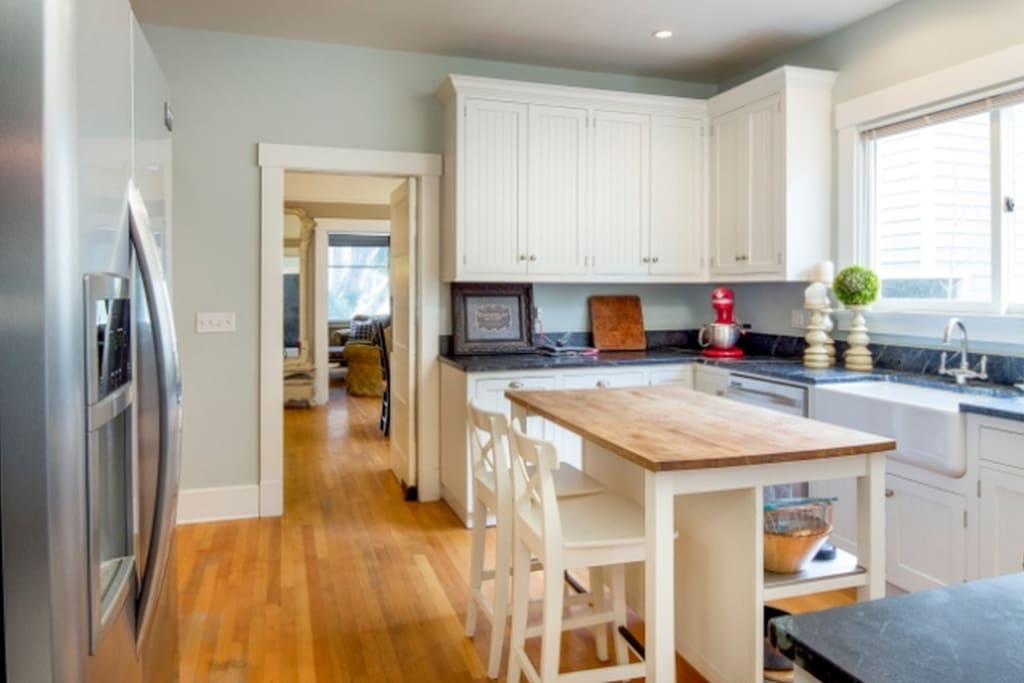 Gourmet Kitchen with Italian stove/oven, ample serving pieces and walk-in pantry