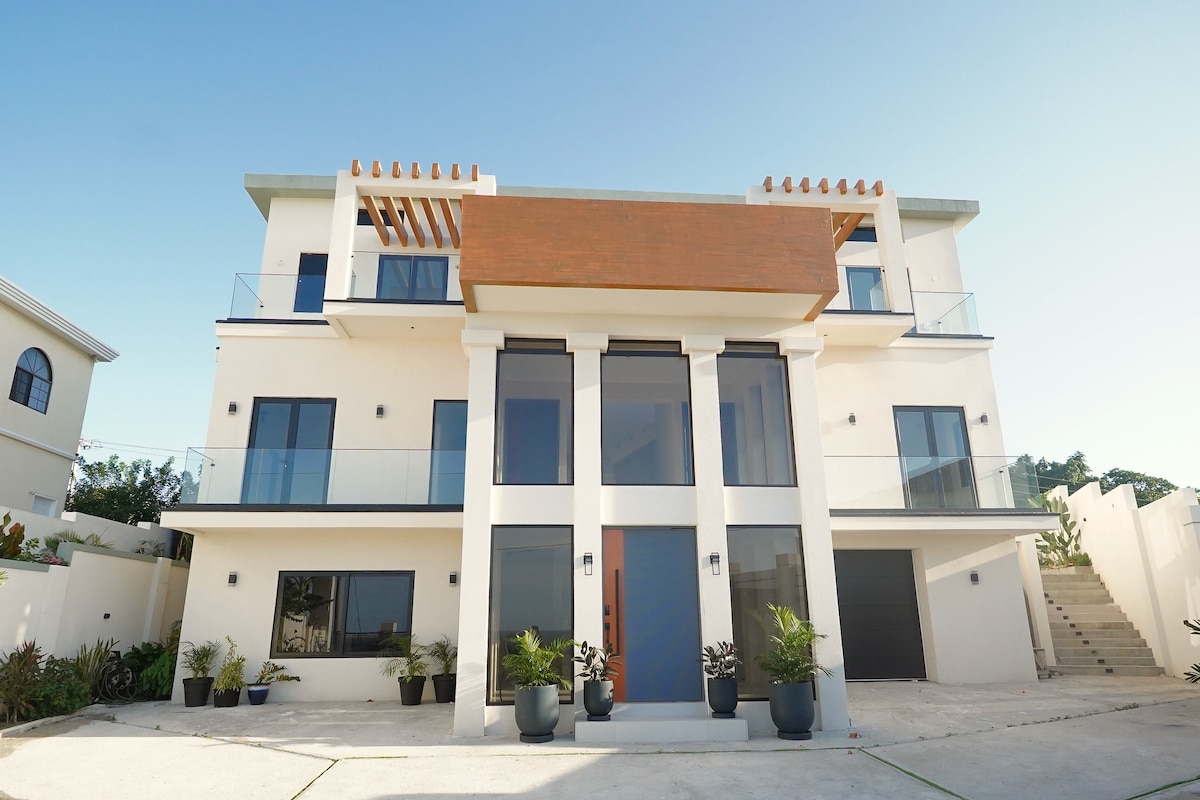 The modern exterior of the building showcases a clean design with large glass windows and an inviting entrance. Potted plants are positioned beside the front door, enhancing the overall aesthetic. The symmetrical structure features a striking overhang and a spacious driveway.