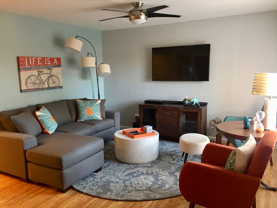 Plenty of seating for you and your family, many lighting options depending on your mood, and a full suite of media selections, including dvd player and a library of kids' movies!