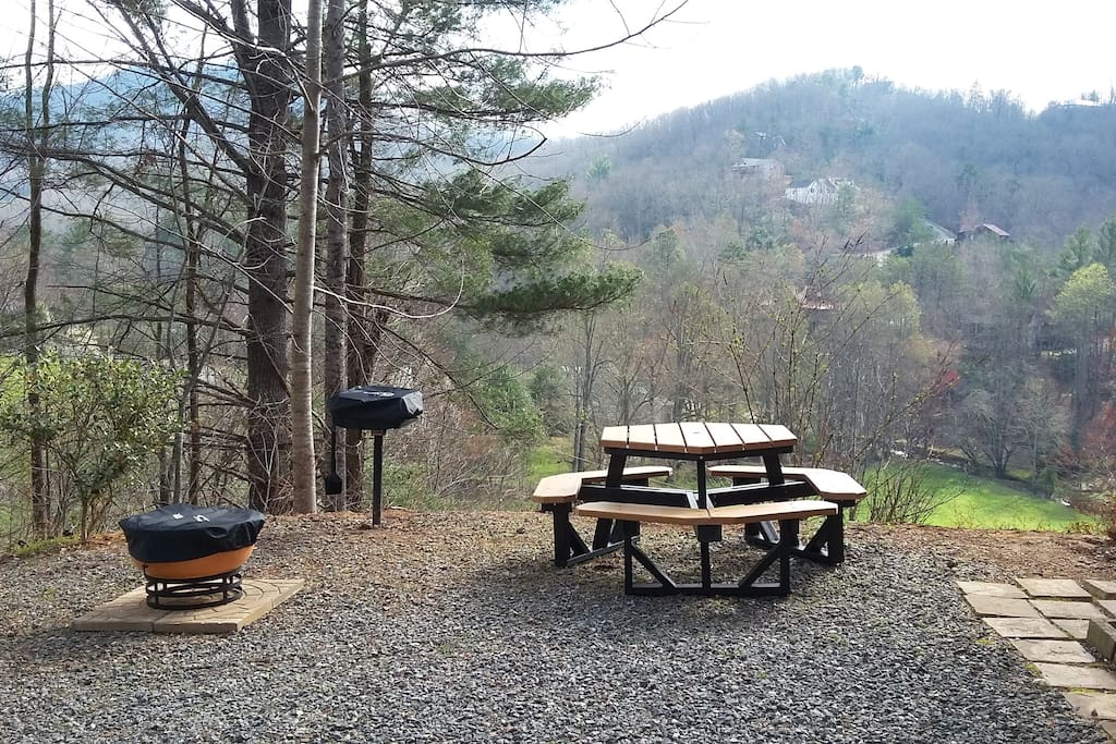 The cabin has a super outdoor area with park grill, picnic table, fire pit, and views.