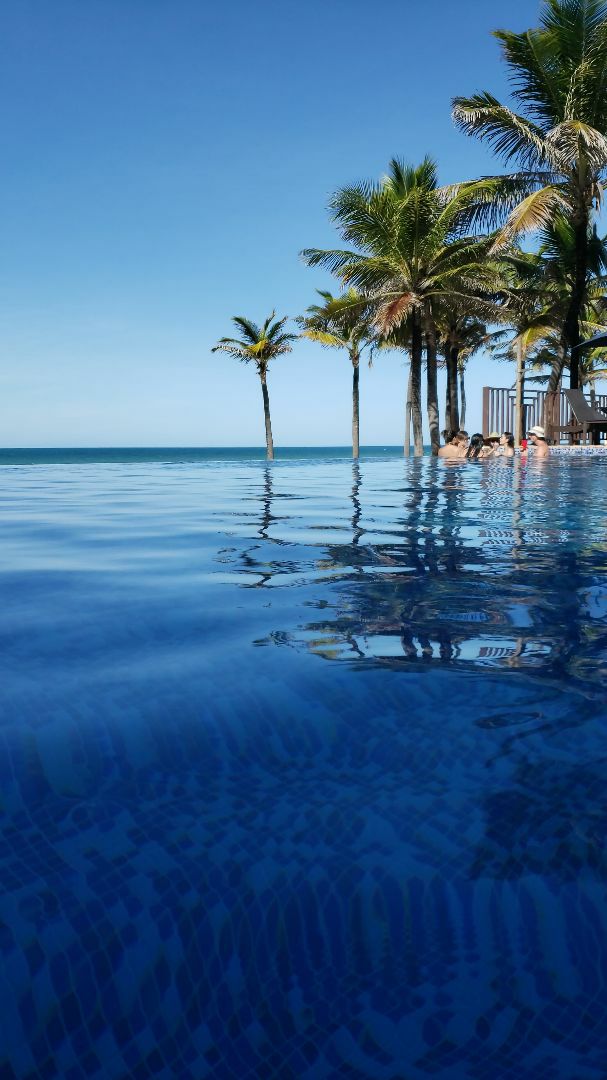 The image captures an inviting infinity pool meeting the horizon, where the clear blue water reflects the sky. Palm trees line the edge, providing a tropical feel, while guests can be seen enjoying the area in the background.