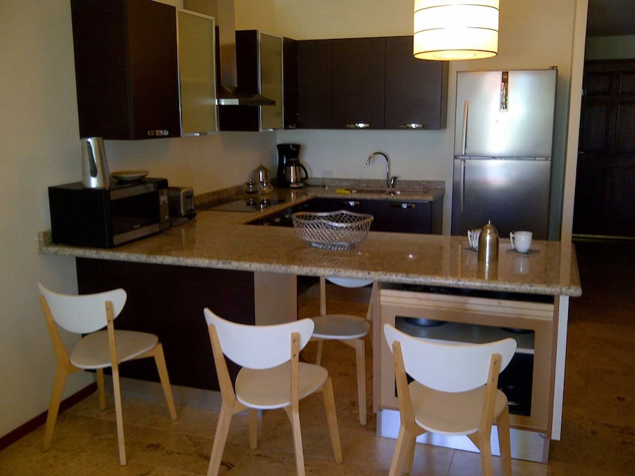 Full-size fully equipped modern kitchen with breakfast bar/table